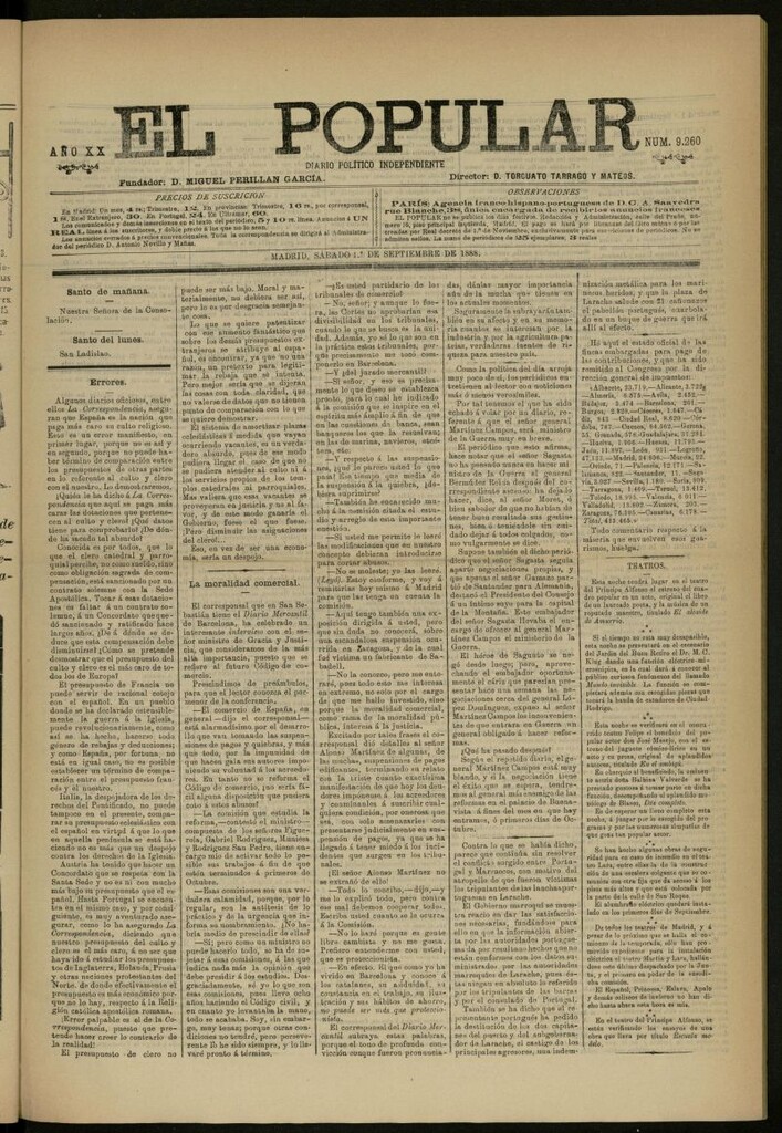Miniatura de El Popular: diario independiente, político, literario y de noticias de interés general del 1 de septiembre de 1888, nº 9260