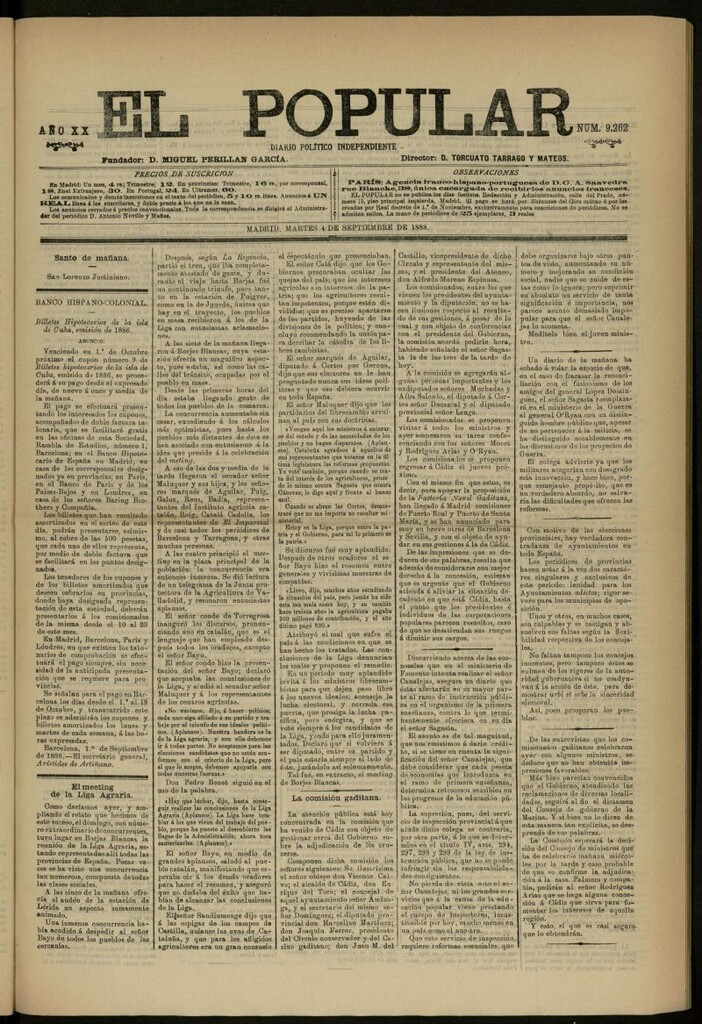 Miniatura de El Popular: diario independiente, político, literario y de noticias de interés general del 4 de septiembre de 1888, nº 9262