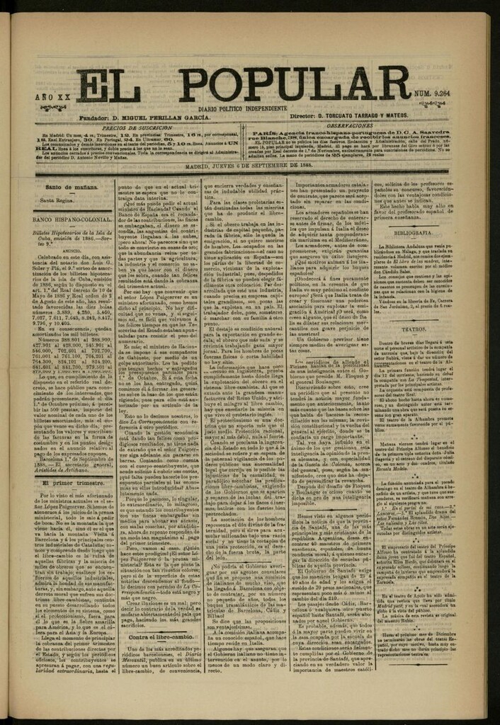 Miniatura de El Popular: diario independiente, político, literario y de noticias de interés general del 6 de septiembre de 1888, nº 9264