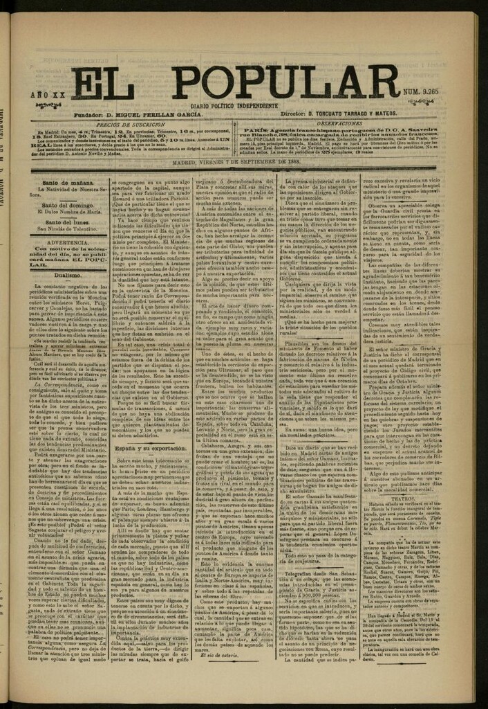 Miniatura de El Popular: diario independiente, político, literario y de noticias de interés general del 7 de septiembre de 1888, nº 9265