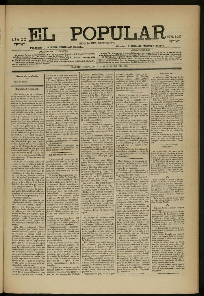 Miniatura de El Popular: diario independiente, político, literario y de noticias de interés general del 5 de septiembre de 1888, nº 9263