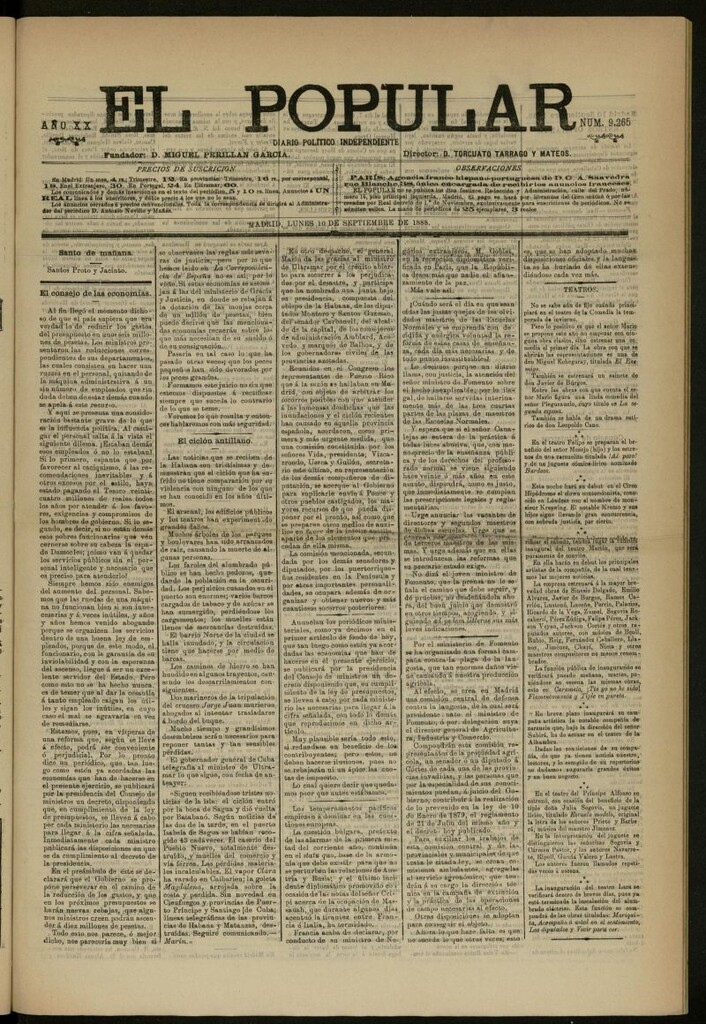 Miniatura de El Popular: diario independiente, político, literario y de noticias de interés general del 10 de septiembre de 1888, nº 9266