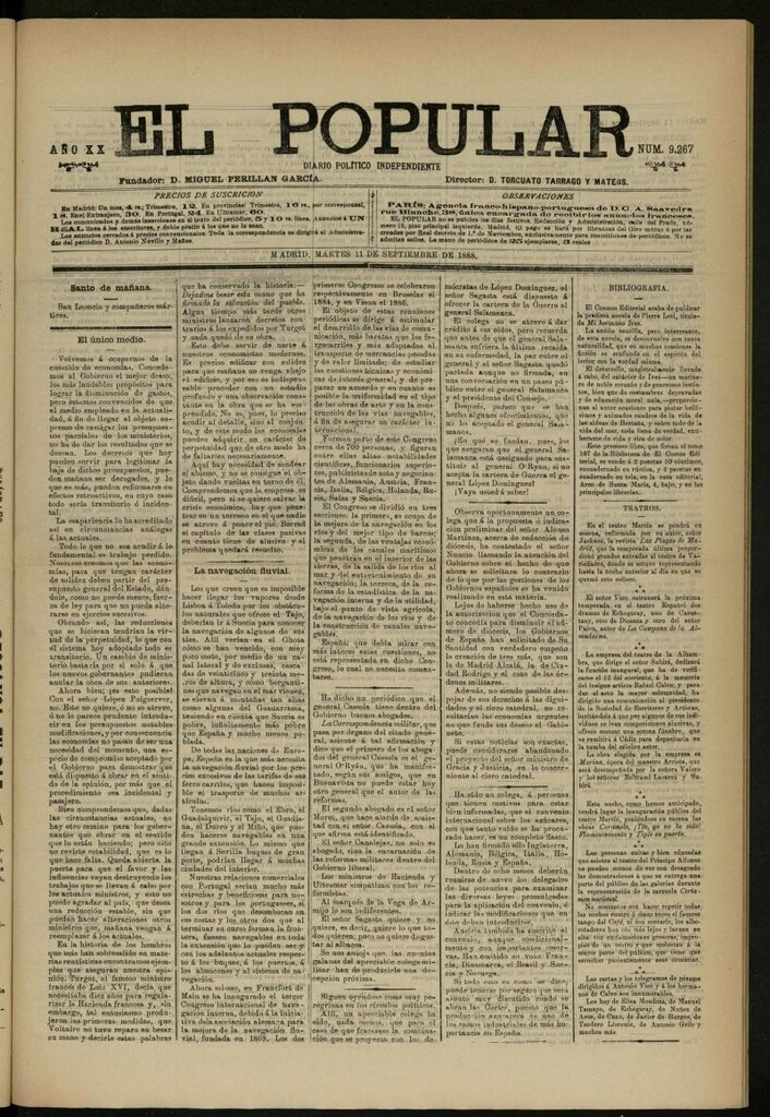 Miniatura de El Popular: diario independiente, político, literario y de noticias de interés general del 11 de septiembre de 1888, nº 9267