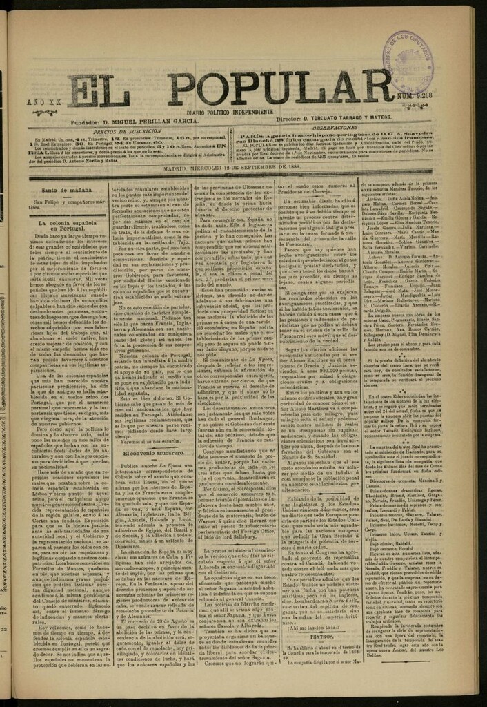 Miniatura de El Popular: diario independiente, político, literario y de noticias de interés general del 12 de septiembre de 1888, nº 9268