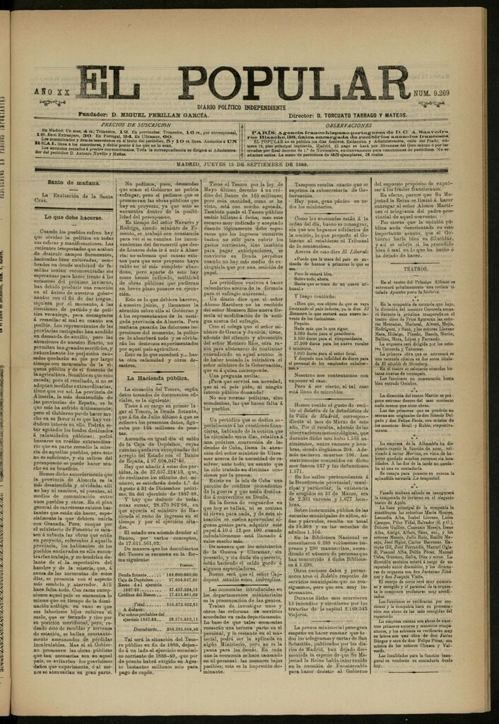 Miniatura de El Popular: diario independiente, político, literario y de noticias de interés general del 13 de septiembre de 1888, nº 9269