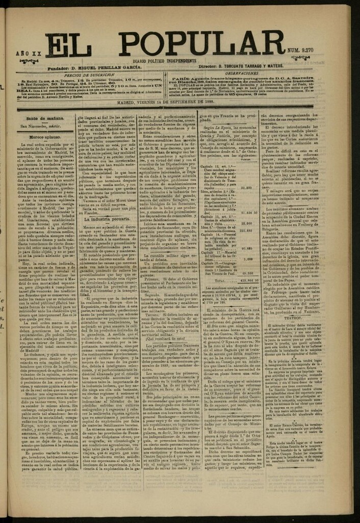 Miniatura de El Popular: diario independiente, político, literario y de noticias de interés general del 14 de septiembre de 1888, nº 9270