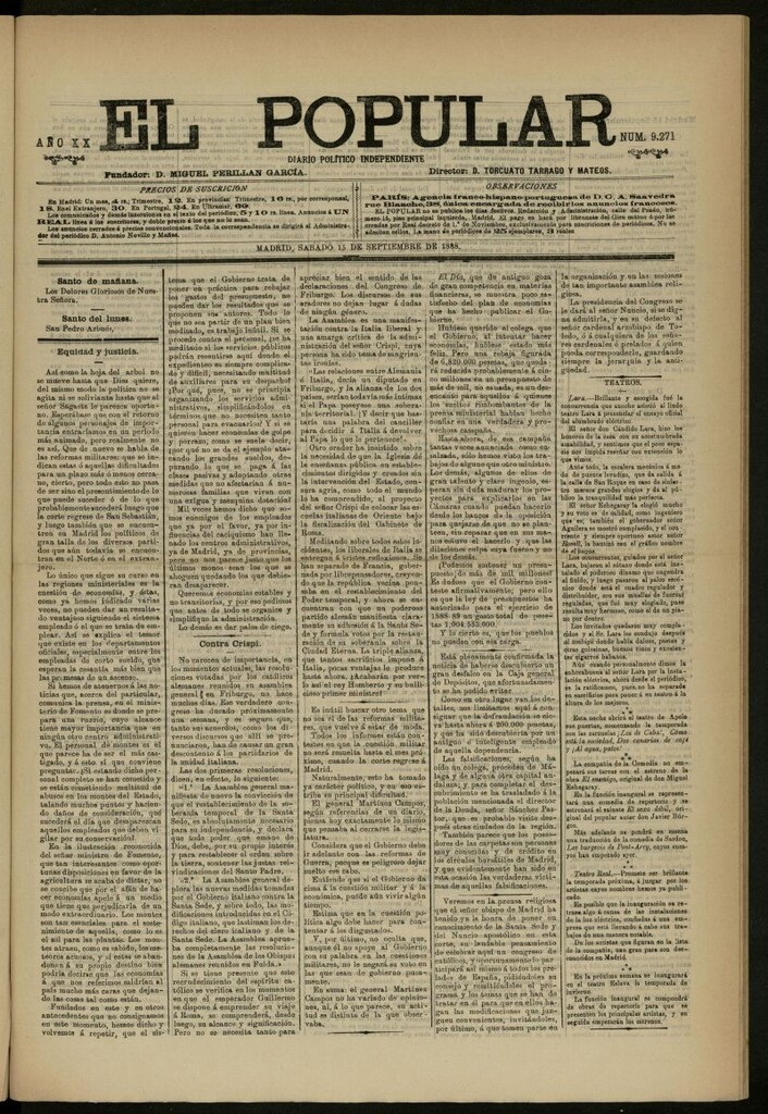 Miniatura de El Popular: diario independiente, político, literario y de noticias de interés general del 15 de septiembre de 1888, nº 9271