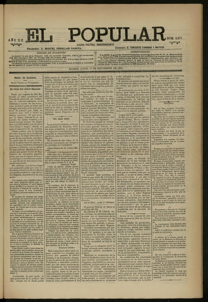 Miniatura de El Popular: diario independiente, político, literario y de noticias de interés general del 17 de septiembre de 1888, nº 9272
