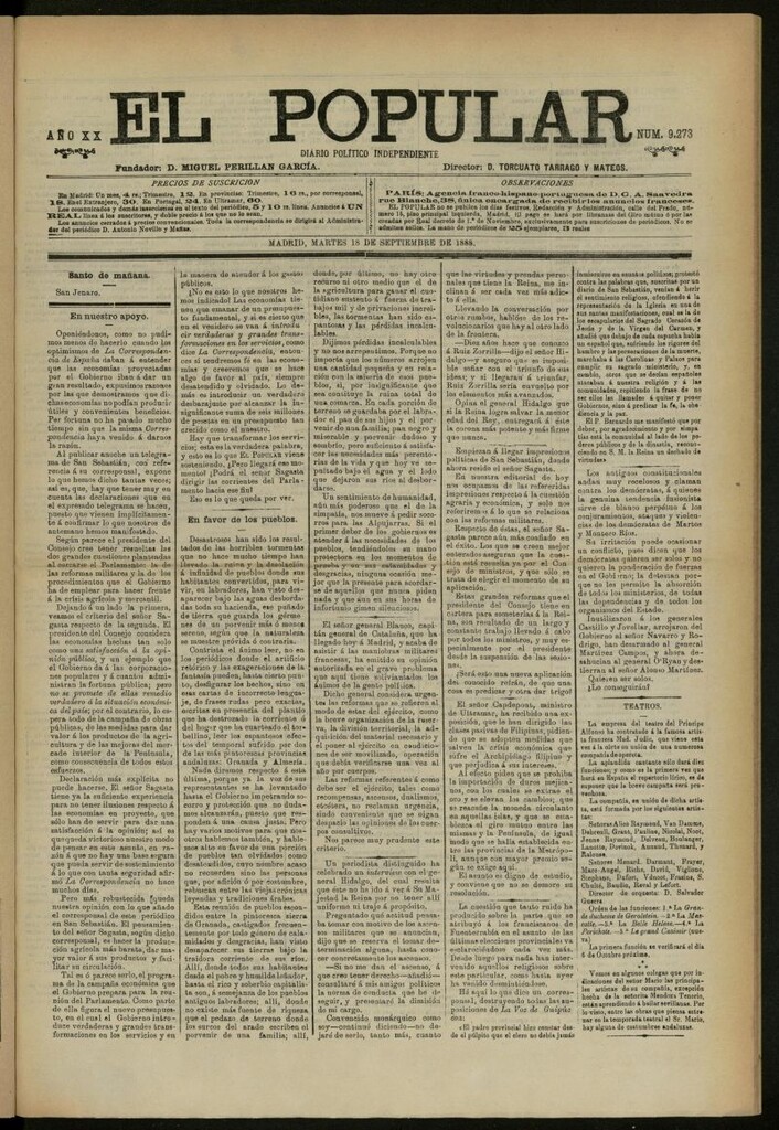 Miniatura de El Popular: diario independiente, político, literario y de noticias de interés general del 18 de septiembre de 1888, nº 9273