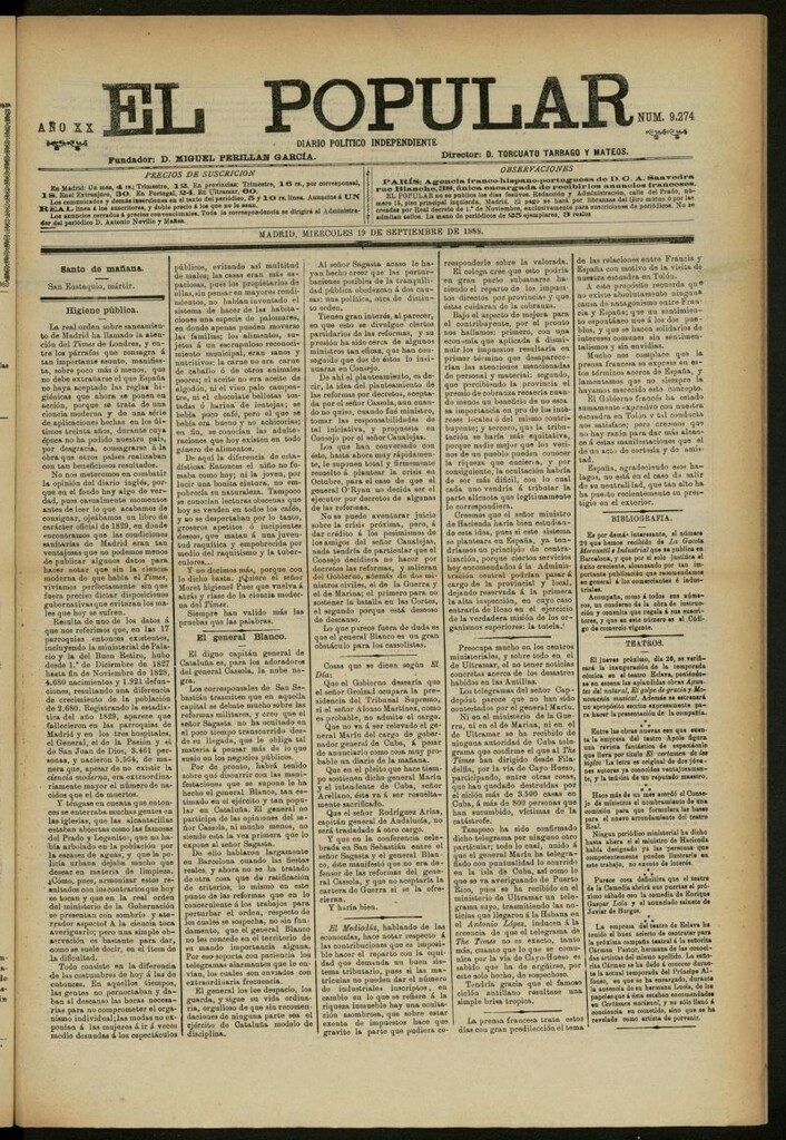 Miniatura de El Popular: diario independiente, político, literario y de noticias de interés general del 19 de septiembre de 1888, nº 9274