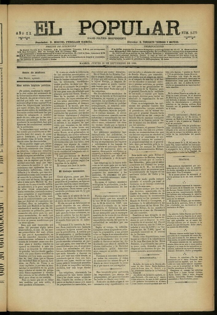 Miniatura de El Popular: diario independiente, político, literario y de noticias de interés general del 20 de septiembre de 1888, nº 9275