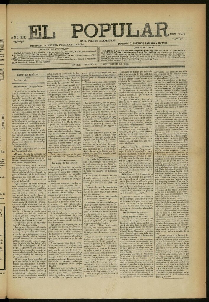 Miniatura de El Popular: diario independiente, político, literario y de noticias de interés general del 21 de septiembre de 1888, nº 9276
