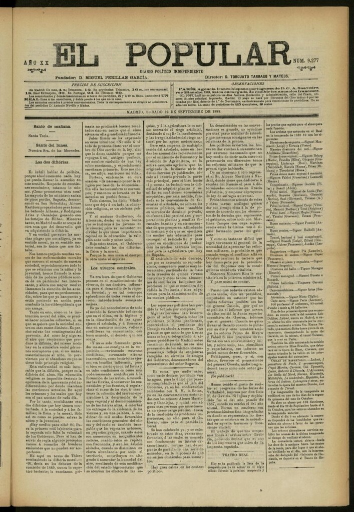 Miniatura de El Popular: diario independiente, político, literario y de noticias de interés general del 22 de septiembre de 1888, nº 9277