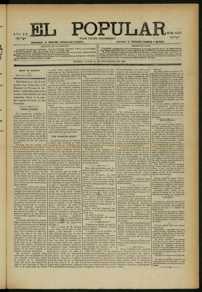 Miniatura de El Popular: diario independiente, político, literario y de noticias de interés general del 24 de septiembre de 1888, nº 9278