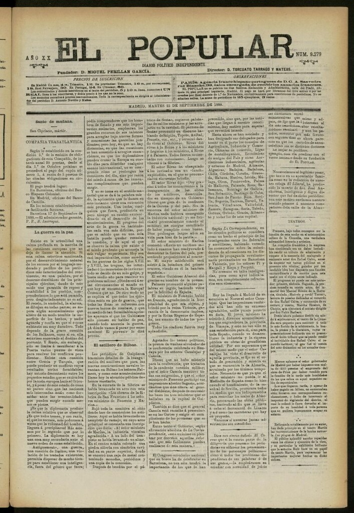 Miniatura de El Popular: diario independiente, político, literario y de noticias de interés general del 25 de septiembre de 1888, nº 9279