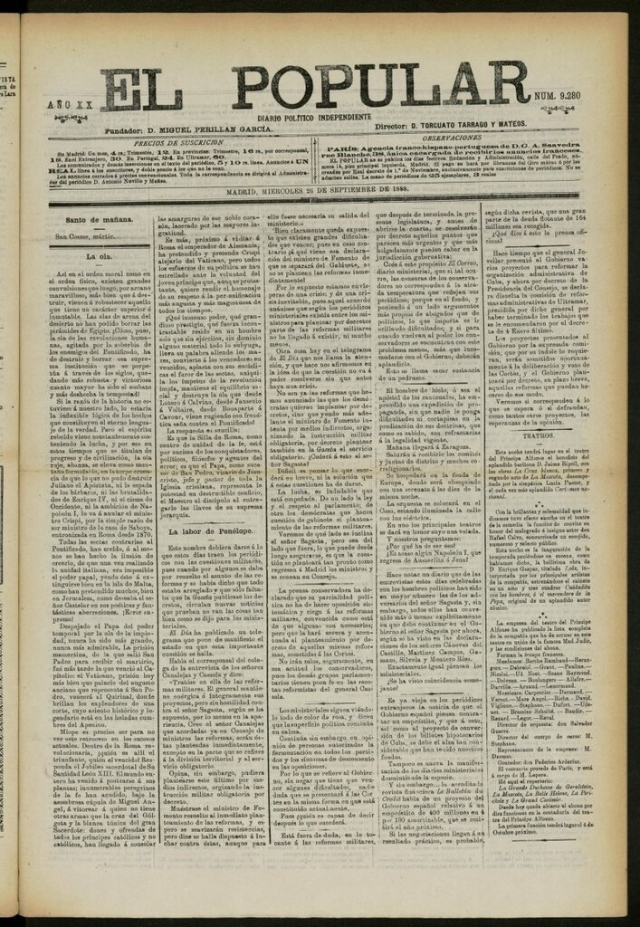 Miniatura de El Popular: diario independiente, político, literario y de noticias de interés general del 26 de septiembre de 1888, nº 9280