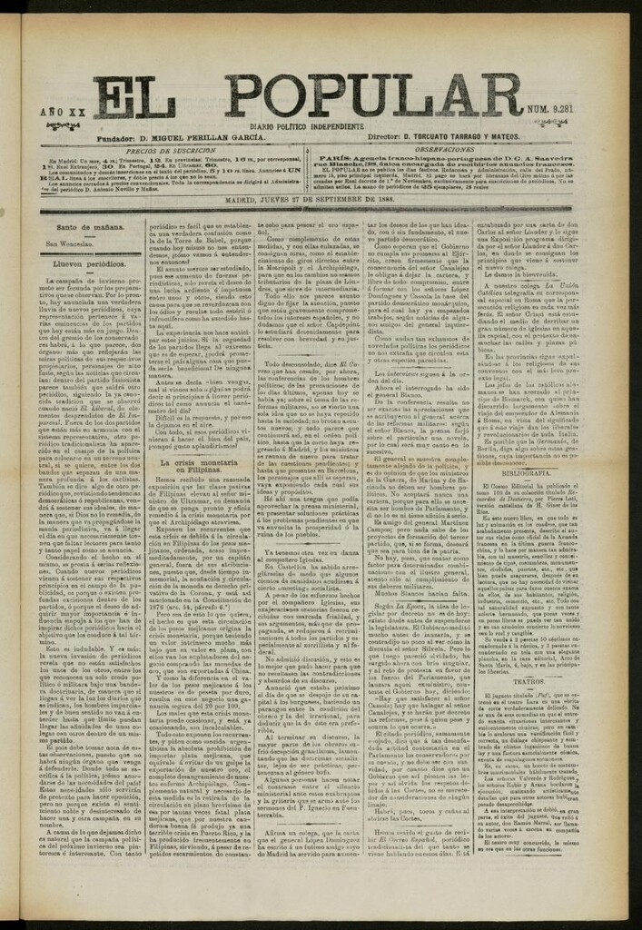 Miniatura de El Popular: diario independiente, político, literario y de noticias de interés general del 27 de septiembre de 1888, nº 9281