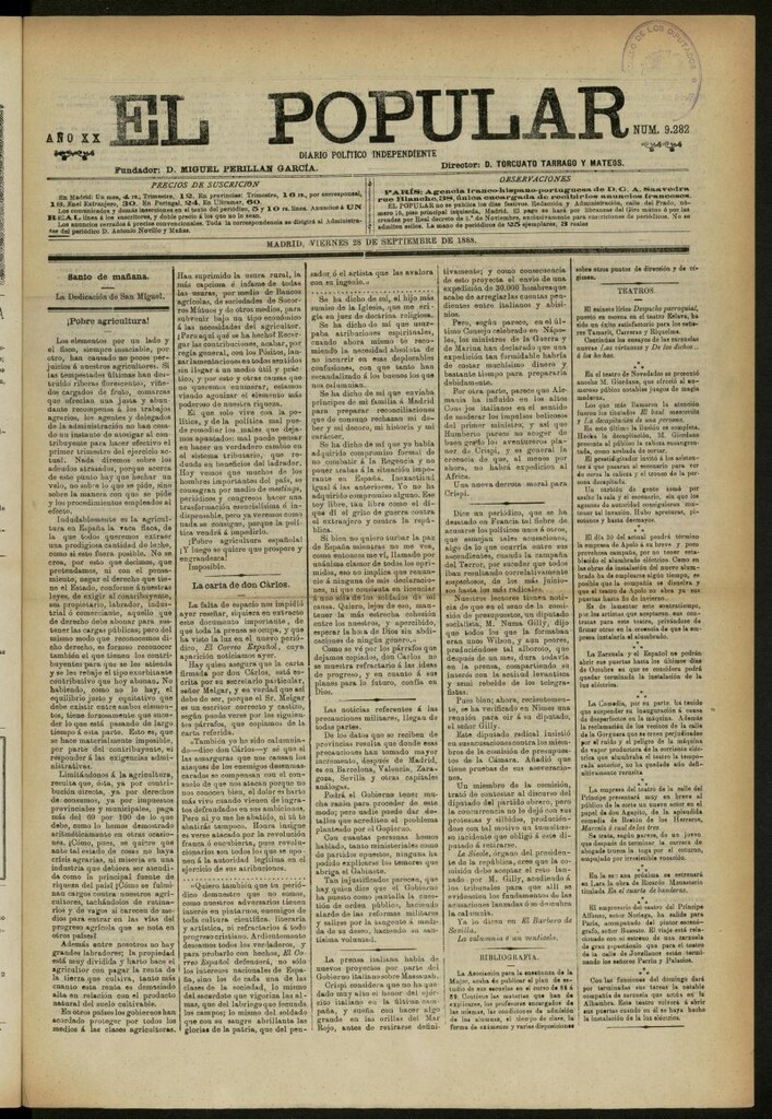 Miniatura de El Popular: diario independiente, político, literario y de noticias de interés general del 28 de septiembre de 1888, nº 9282