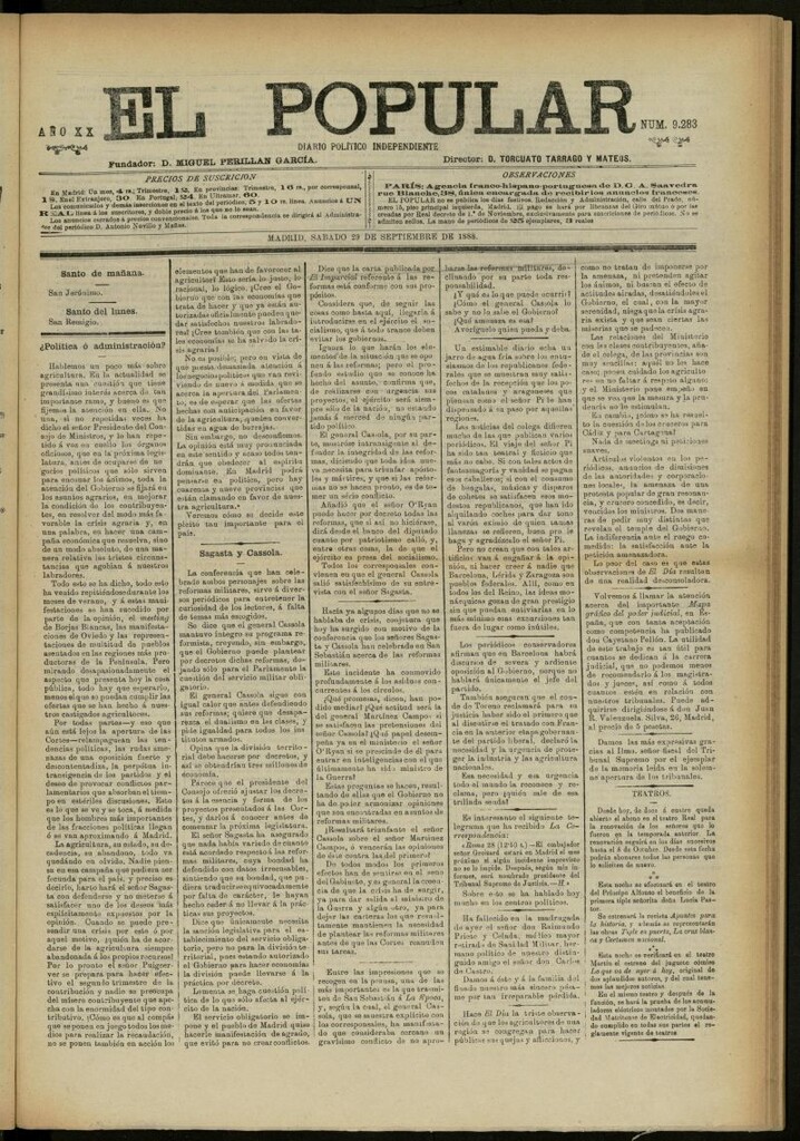 Miniatura de El Popular: diario independiente, político, literario y de noticias de interés general del 29 de septiembre de 1888, nº 9283