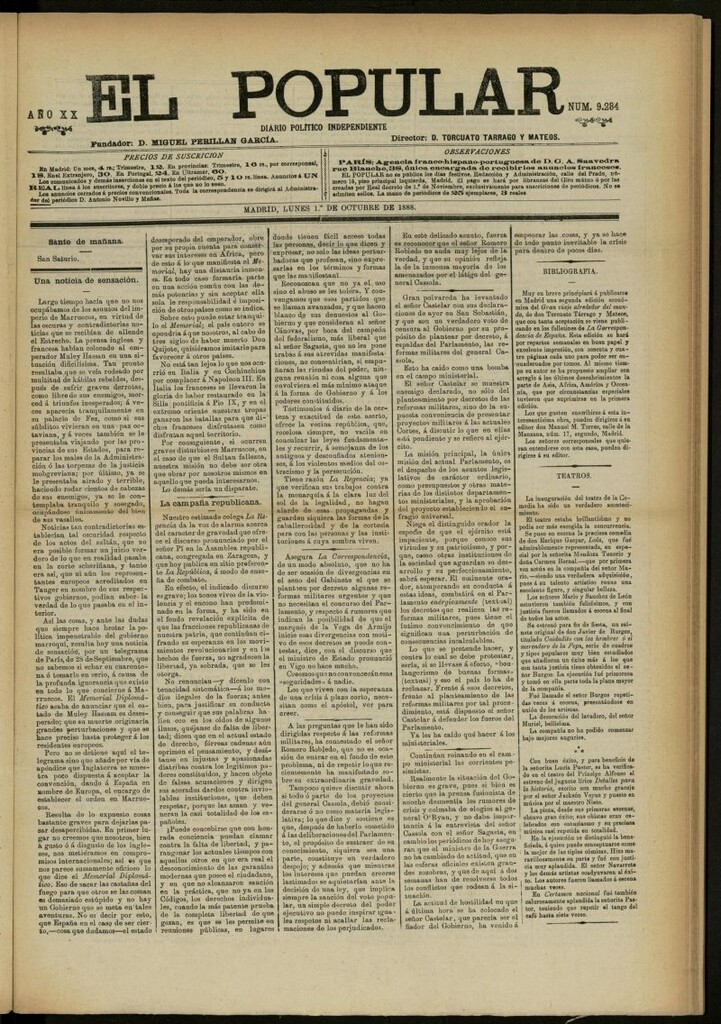 Miniatura de El Popular: diario independiente, político, literario y de noticias de interés general del 1 de octubre de 1888, nº 9284
