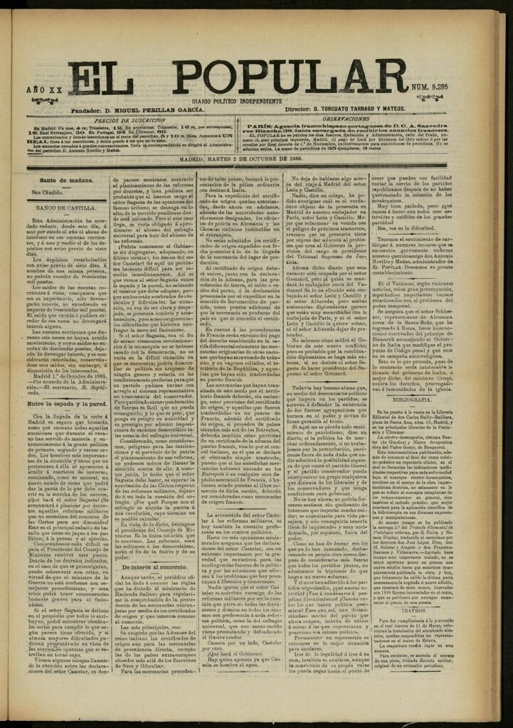 Miniatura de El Popular: diario independiente, político, literario y de noticias de interés general del 2 de octubre de 1888, nº 9285