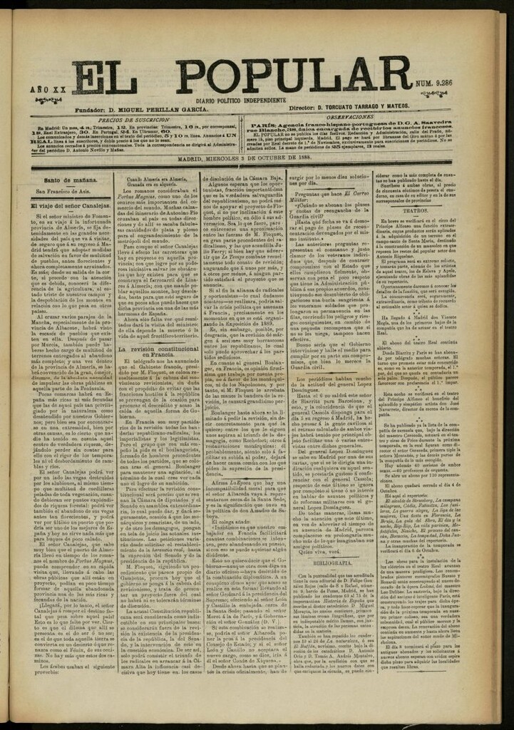 Miniatura de El Popular: diario independiente, político, literario y de noticias de interés general del 3 de octubre de 1888, nº 9286