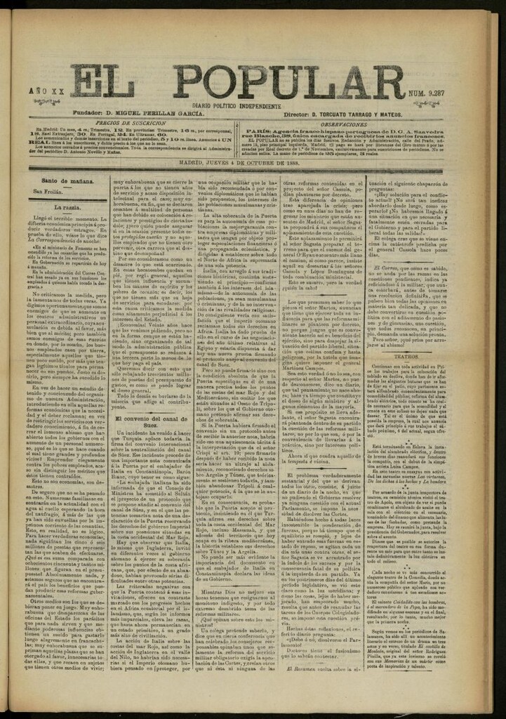 Miniatura de El Popular: diario independiente, político, literario y de noticias de interés general del 4 de octubre de 1888, nº 9287