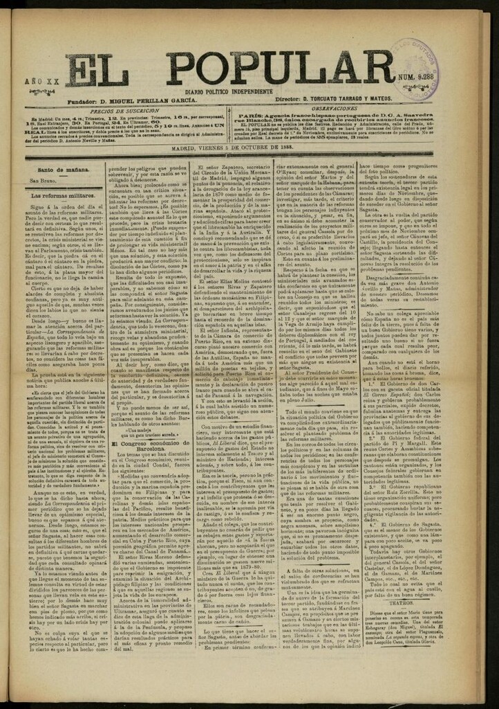 Miniatura de El Popular: diario independiente, político, literario y de noticias de interés general del 5 de octubre de 1888, nº 9288