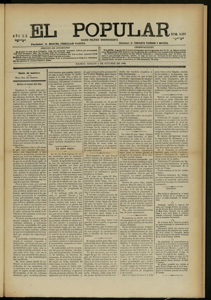 Miniatura de El Popular: diario independiente, político, literario y de noticias de interés general del 6 de octubre de 1888, nº 9289