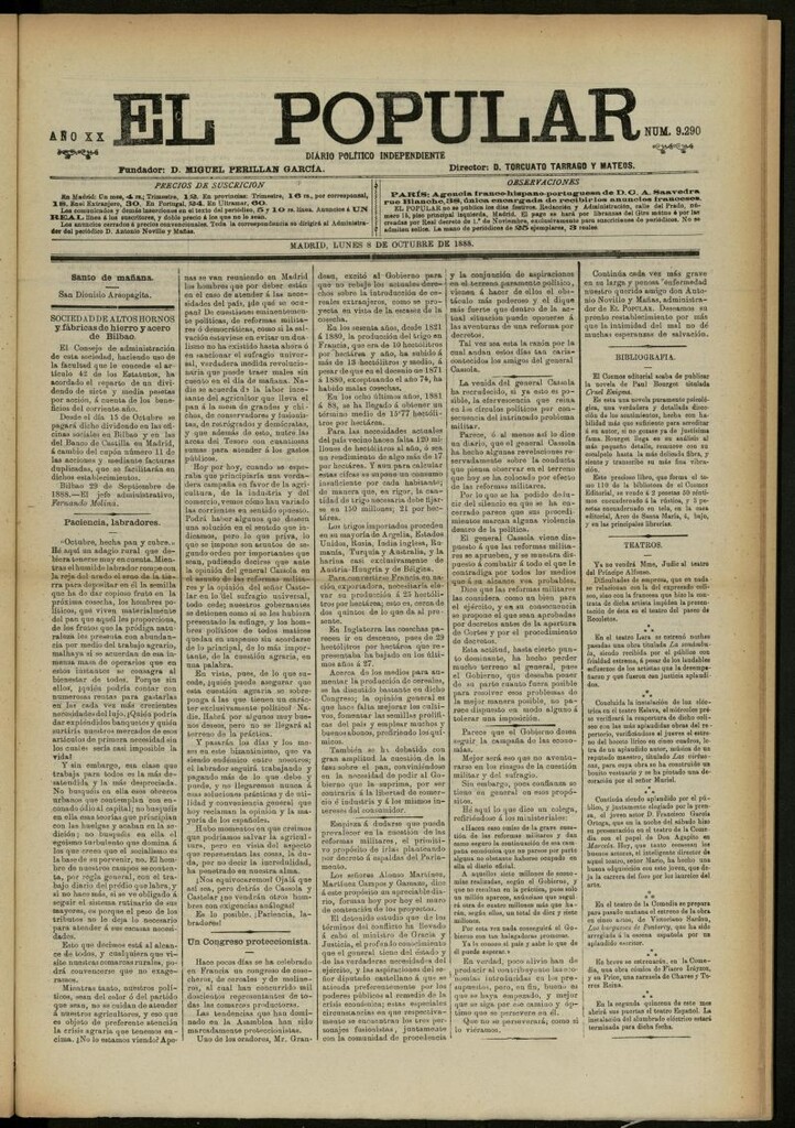 Miniatura de El Popular: diario independiente, político, literario y de noticias de interés general del 8 de octubre de 1888, nº 9290
