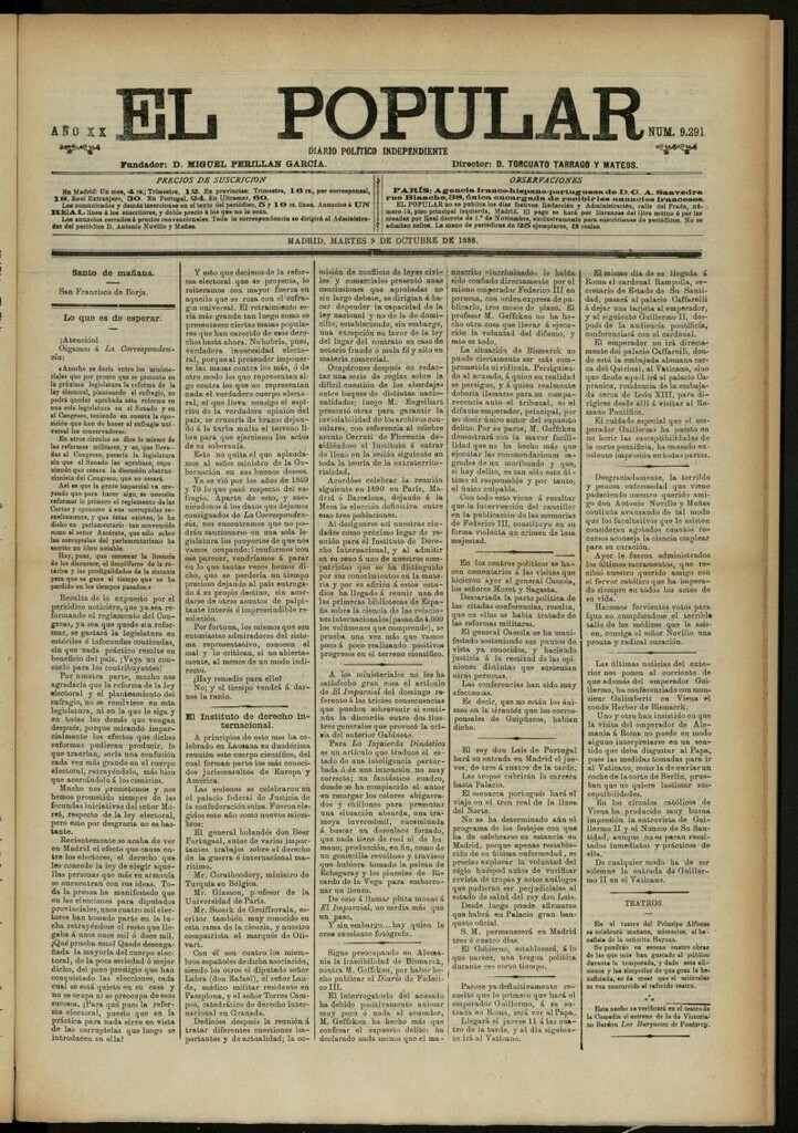 Miniatura de El Popular: diario independiente, político, literario y de noticias de interés general del 9 de octubre de 1888, nº 9291
