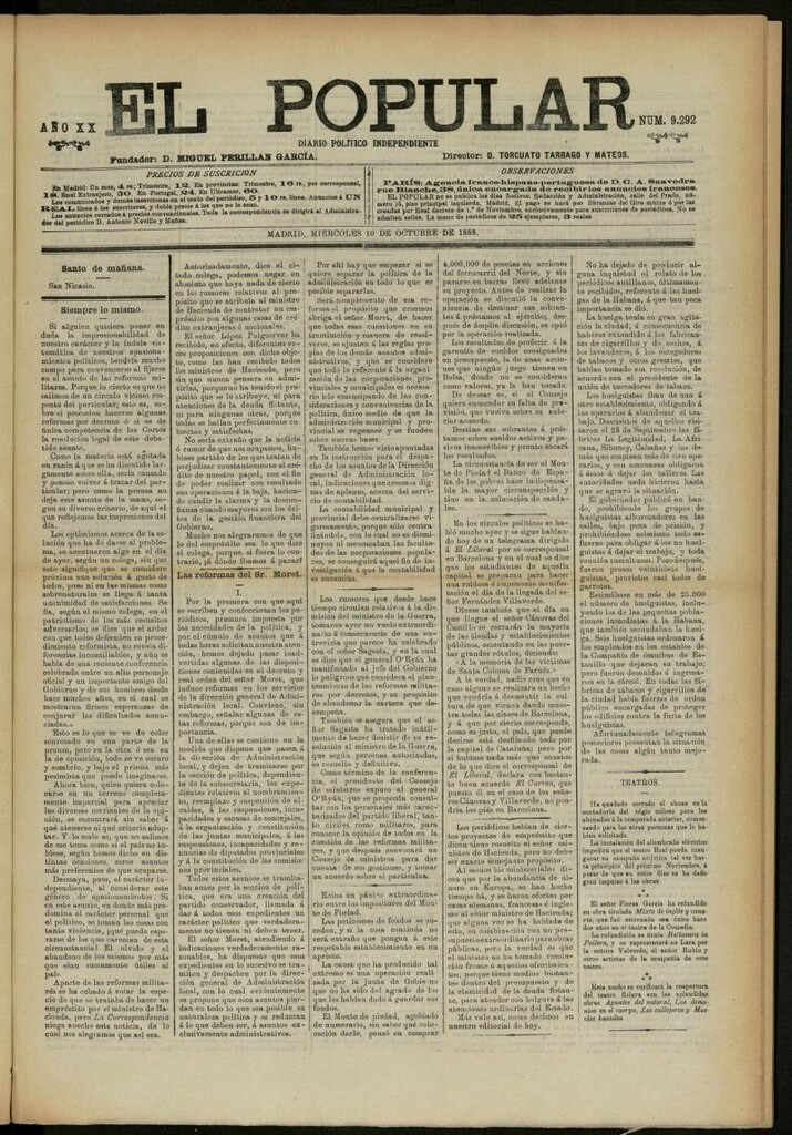 Miniatura de El Popular: diario independiente, político, literario y de noticias de interés general del 10 de octubre de 1888, nº 9292