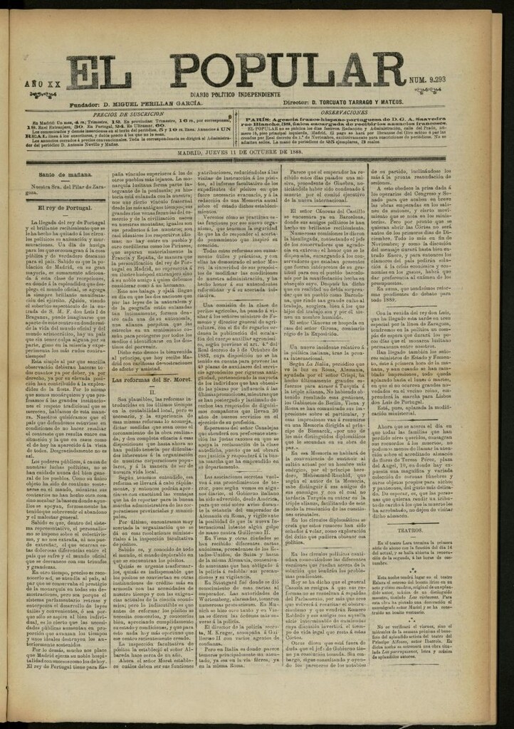 Miniatura de El Popular: diario independiente, político, literario y de noticias de interés general del 11 de octubre de 1888, nº 9293