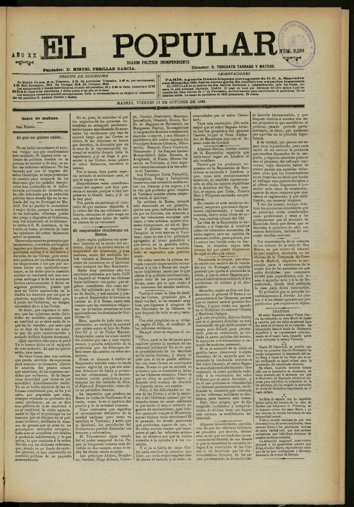 Miniatura de El Popular: diario independiente, político, literario y de noticias de interés general del 12 de octubre de 1888, nº 9294