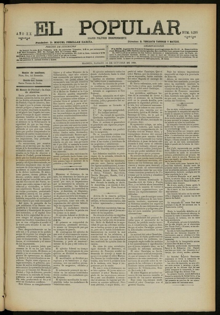 Miniatura de El Popular: diario independiente, político, literario y de noticias de interés general del 13 de octubre de 1888, nº 9295