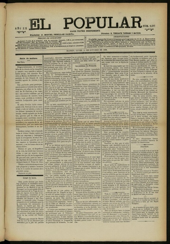 Miniatura de El Popular: diario independiente, político, literario y de noticias de interés general del 15 de octubre de 1888, nº 9296