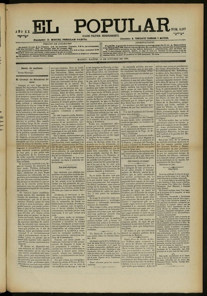 Miniatura de El Popular: diario independiente, político, literario y de noticias de interés general del 16 de octubre de 1888, nº 9297