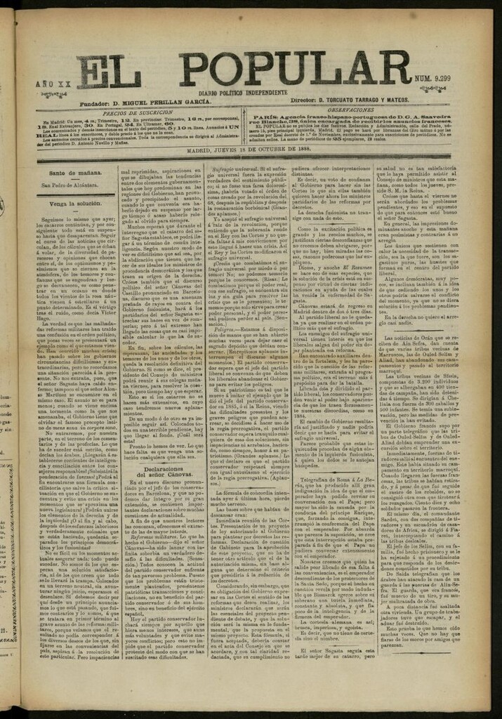 Miniatura de El Popular: diario independiente, político, literario y de noticias de interés general del 18 de octubre de 1888, nº 9299