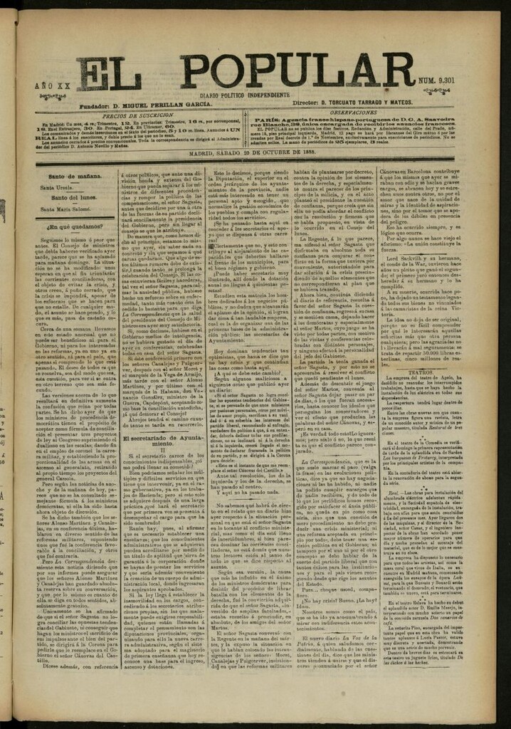 Miniatura de El Popular: diario independiente, político, literario y de noticias de interés general del 20 de octubre de 1888, nº 9301