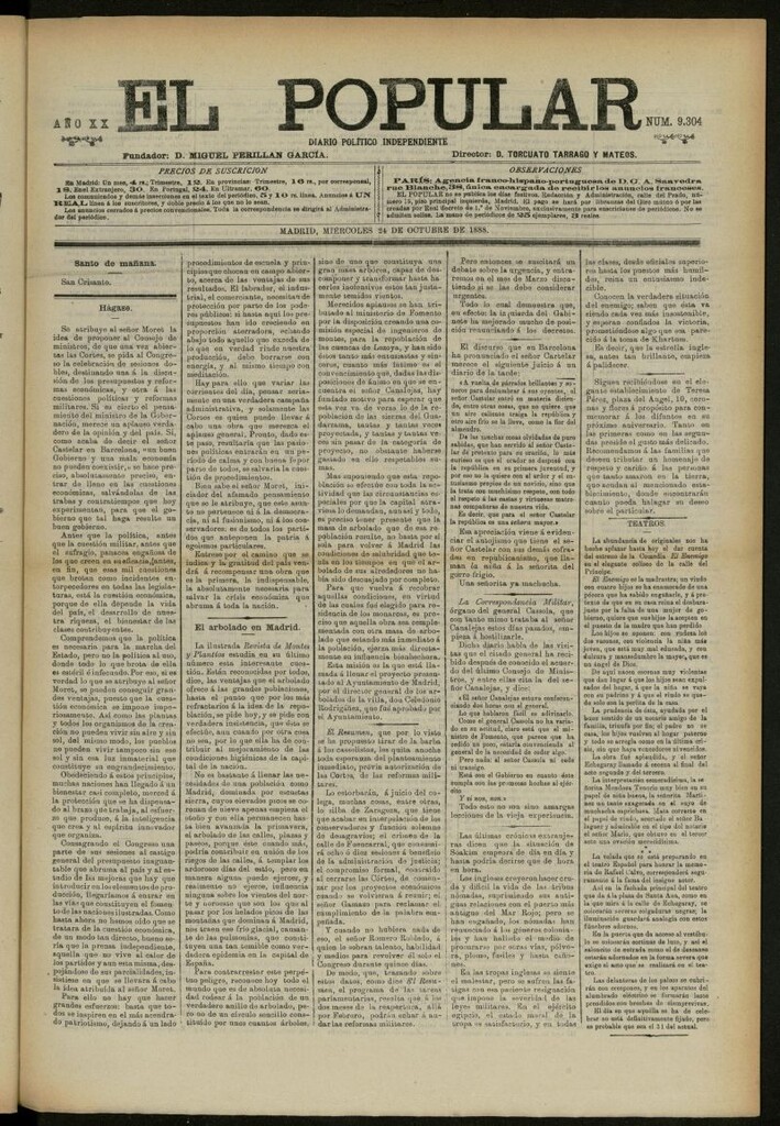 Miniatura de El Popular: diario independiente, político, literario y de noticias de interés general del 24 de octubre de 1888, nº 9304