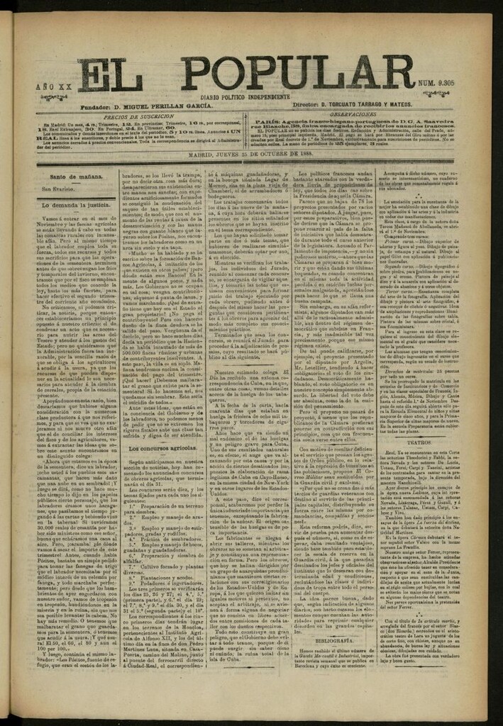 Miniatura de El Popular: diario independiente, político, literario y de noticias de interés general del 25 de octubre de 1888, nº 9305