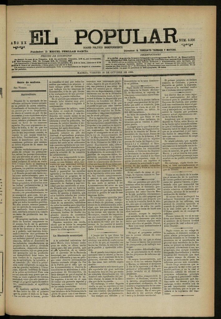 Miniatura de El Popular: diario independiente, político, literario y de noticias de interés general del 26 de octubre de 1888, nº 9306