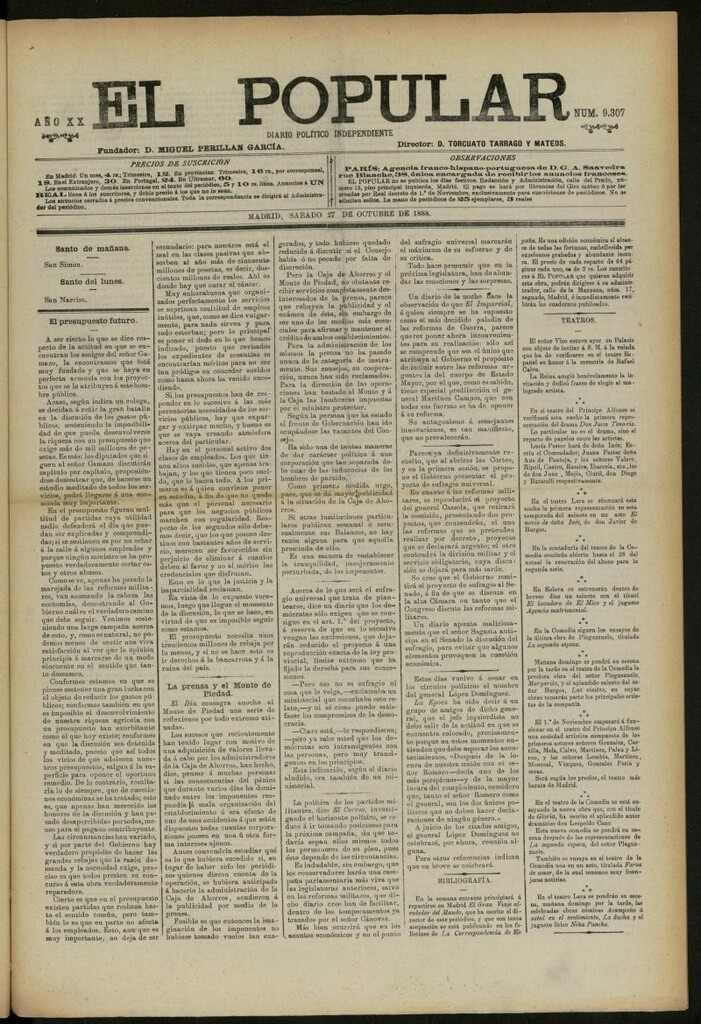 Miniatura de El Popular: diario independiente, político, literario y de noticias de interés general del 27 de octubre de 1888, nº 9307
