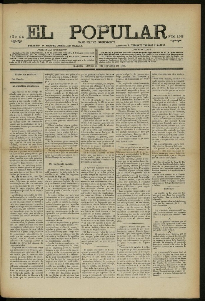 Miniatura de El Popular: diario independiente, político, literario y de noticias de interés general del 29 de octubre de 1888, nº 9308