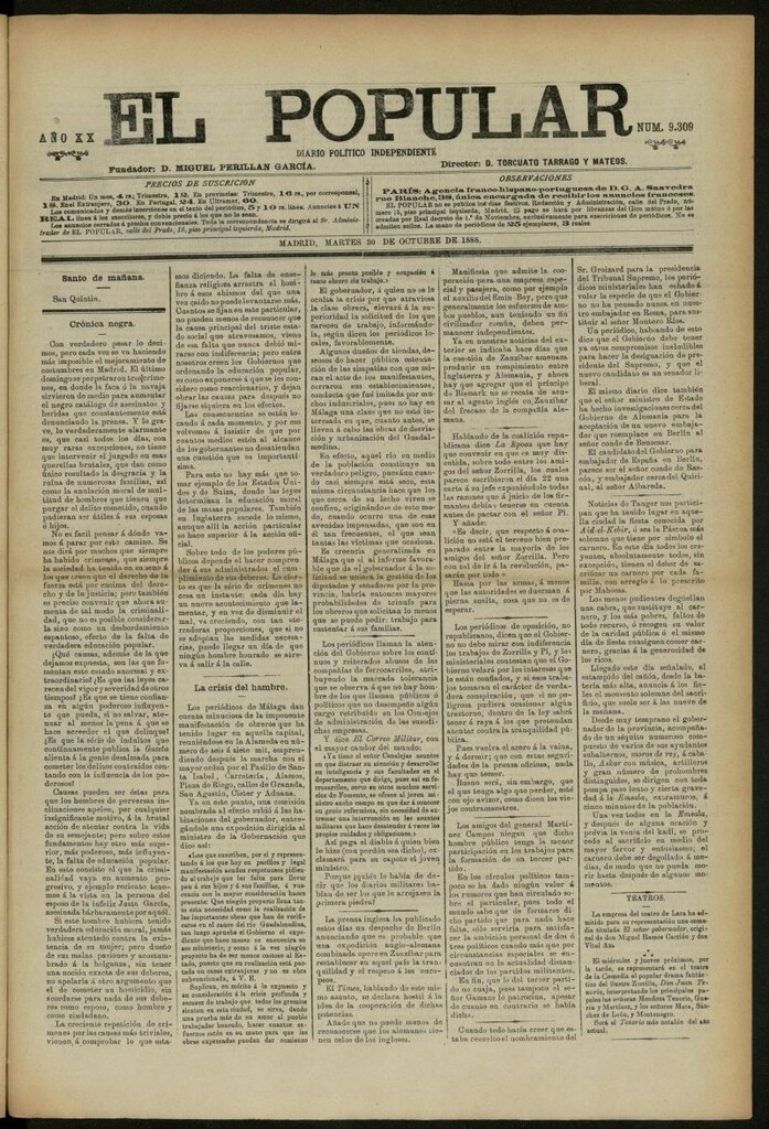 Miniatura de El Popular: diario independiente, político, literario y de noticias de interés general del 30 de octubre de 1888, nº 9309