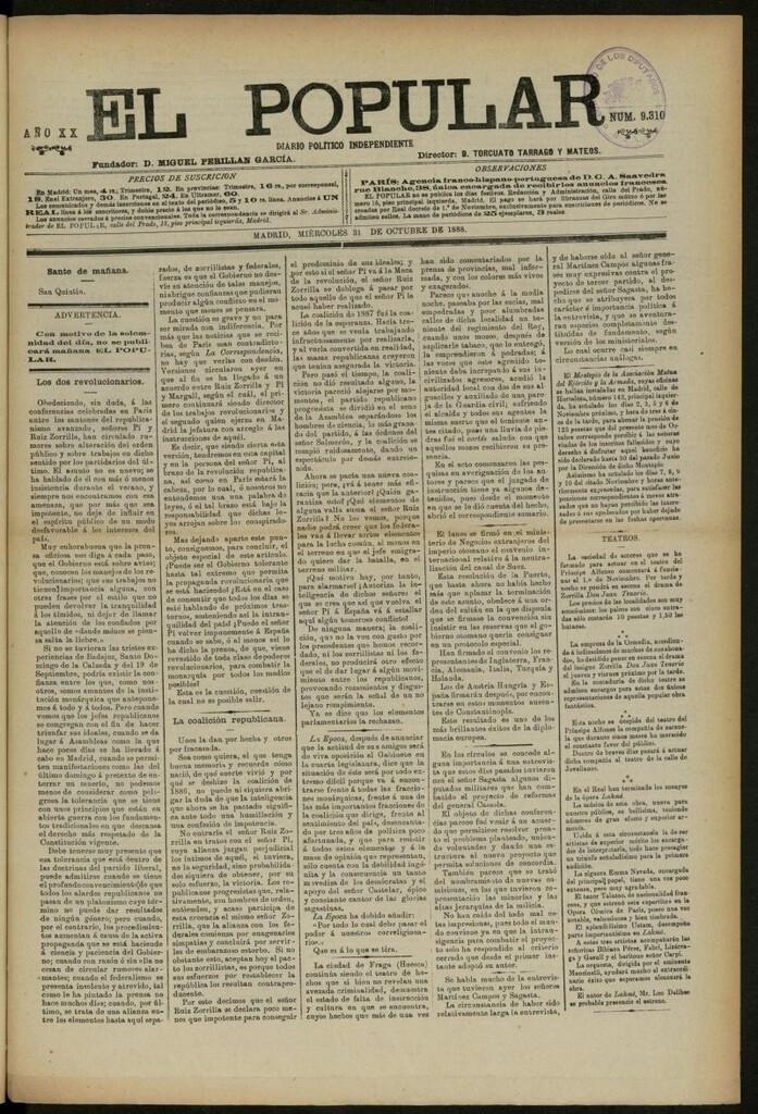 Miniatura de El Popular: diario independiente, político, literario y de noticias de interés general del 31 de octubre de 1888, nº 9310