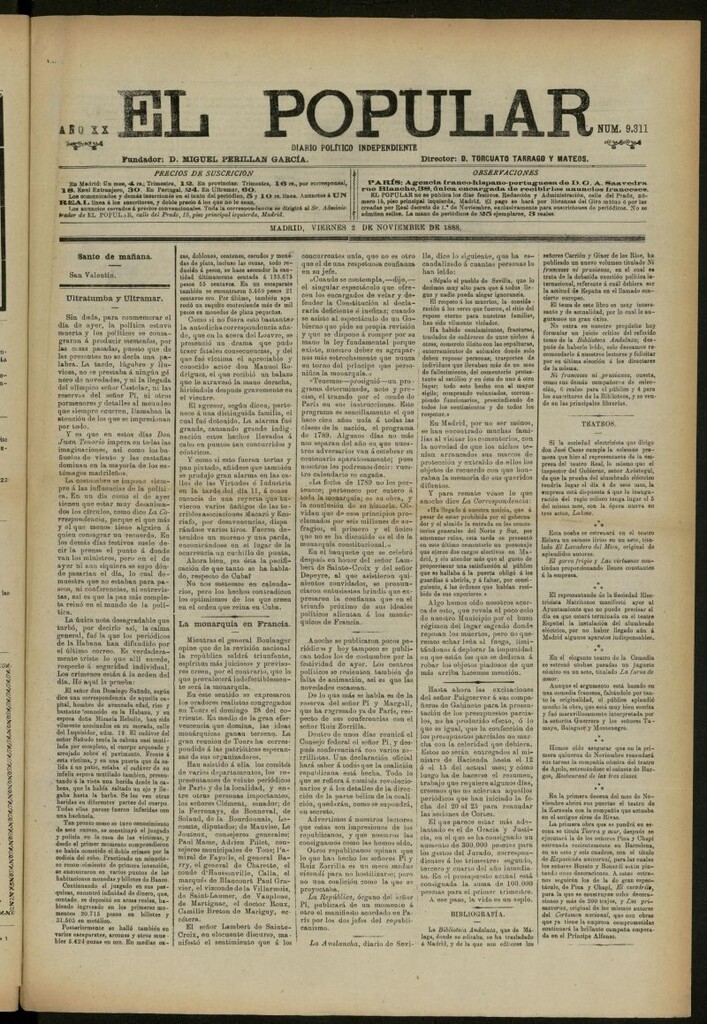 Miniatura de El Popular: diario independiente, político, literario y de noticias de interés general del 2 de noviembre de 1888, nº 9311