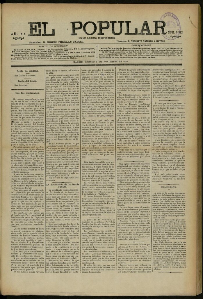 Miniatura de El Popular: diario independiente, político, literario y de noticias de interés general del 3 de noviembre de 1888, nº 9312