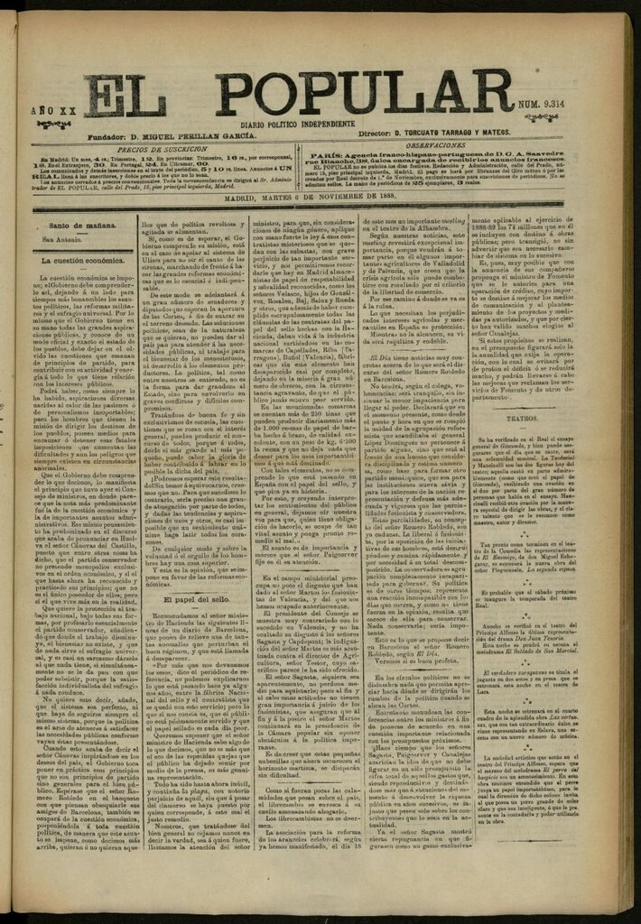 Miniatura de El Popular: diario independiente, político, literario y de noticias de interés general del 6 de noviembre de 1888, nº 9314