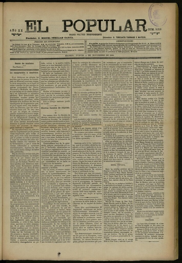Miniatura de El Popular: diario independiente, político, literario y de noticias de interés general del 8 de noviembre de 1888, nº 9316